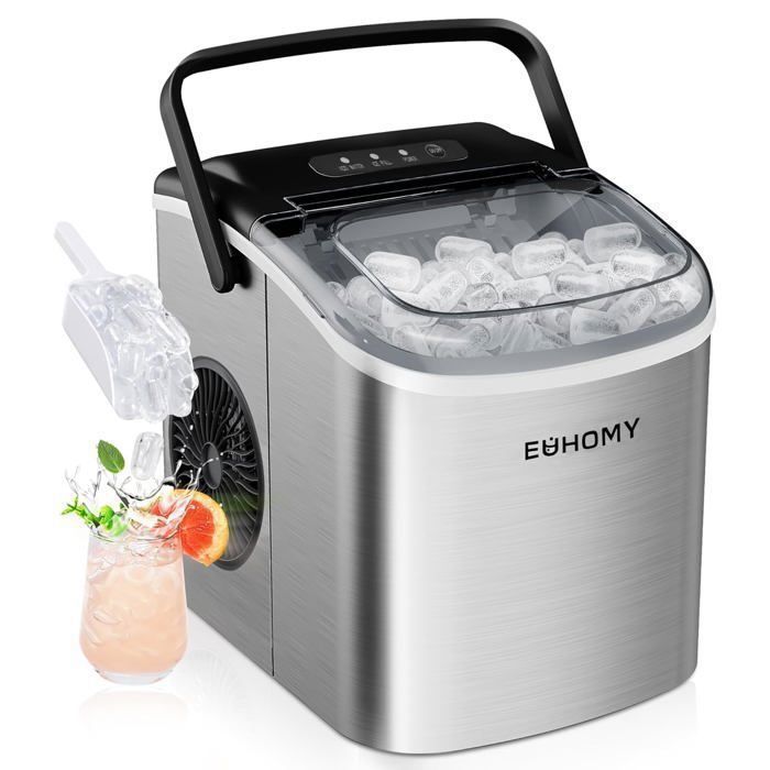 EUHOMY Ice Maker - 12kg/24h - 9 Ice Cubes in 6 Minutes - 2 Sizes - Stainless Steel - Quiet - Self-Cleaning - GREY