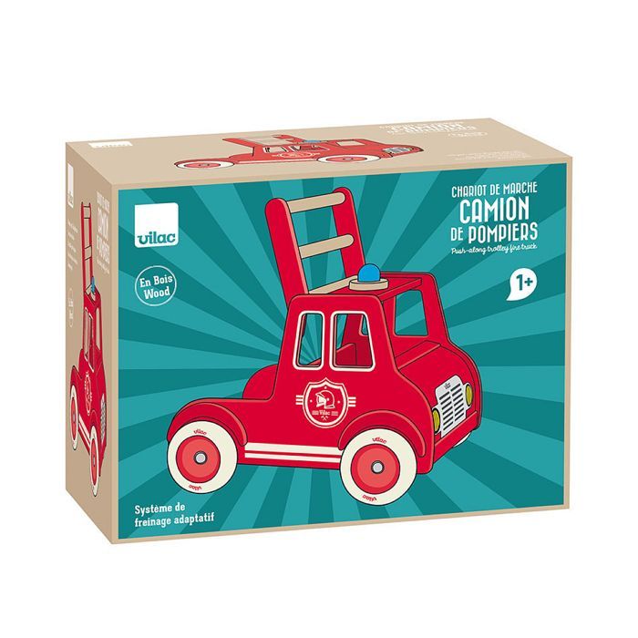 Carrinho de transporte a pé - Vilac - Caminhão de bombeiros - Rodas de borracha - Sistema de freio - Buzina giratória