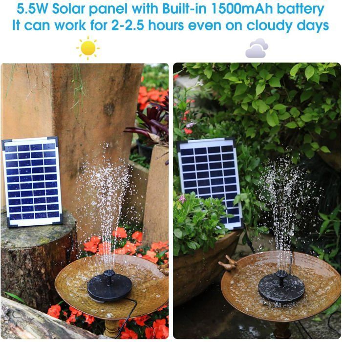 Solar Fontaine de Jardin Solaire, Batterie intégrée, débit 500 l/h, Bain d'oiseaux, Poissons et décoration de Jardin 5,5 W