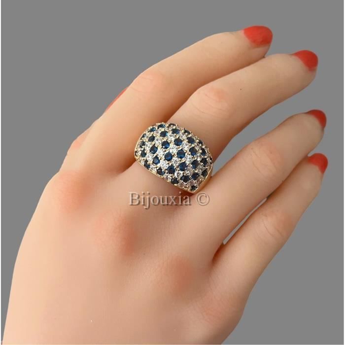 Wide ring set with pavé-set blue and white zirconia stones, 18K gold plated - Women's