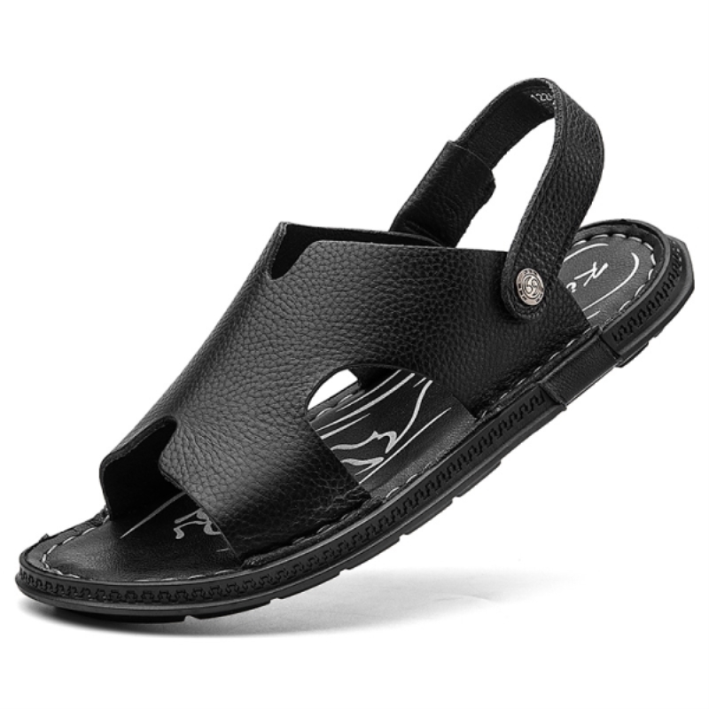 Sandali da uomo estivi da spiaggia, casual, cuciti a mano in vera pelle, con cinturino posteriore e rivetti.