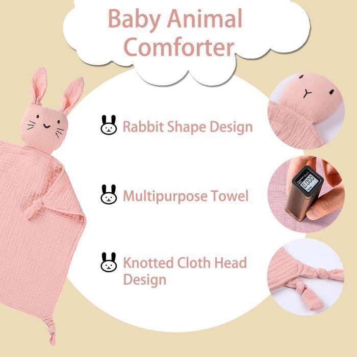 Conjunto de 3 sets de regalo para bebé niña y niño: juguete de peluche 100% algodón suave, babero y kit de anillo de regalo en color rosa.