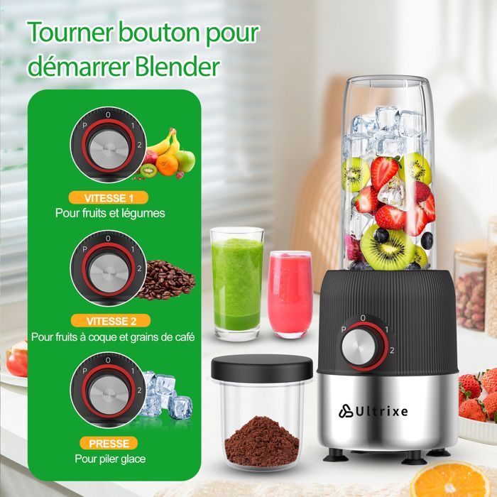 Elektrische smoothieblender van 1000 W met BPA-vrije flessen van 650 ml en 200 ml en 4 roestvrijstalen messen.