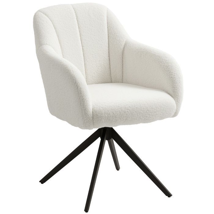 Fauteuil de salon - HOMCOM - pivotant - capitonné - grand confort - piètement en acier et tissu effet polaire teddy - blanc