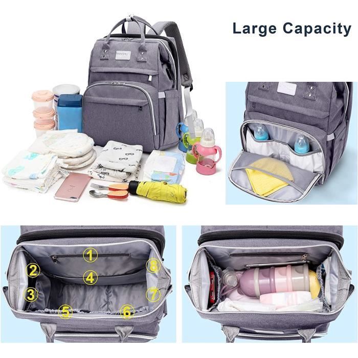 Mochila para fraldas de bebê - DARMOWADE - Fim de semana - Cinza - Grande capacidade - Cama dobrável