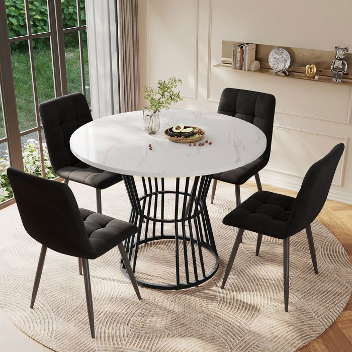 Ensemble table à Manger 5 Pièces - Set de Table et Chaises - Table Ronde Marbre 100cm + 4 Chaises Velours Gris - Moderne et Élégant