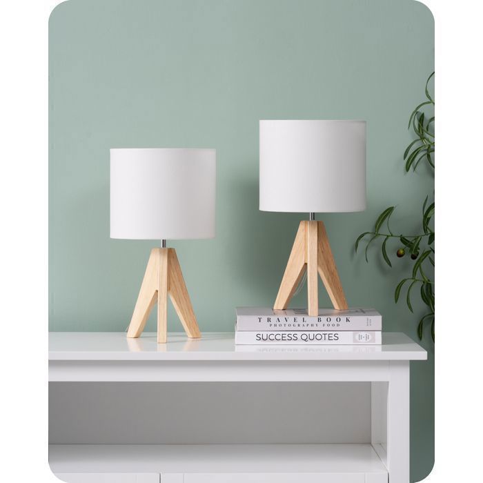 Lampe à poser Lot de 2 Bois avec Abat-Jour en Lin Blanc, Douille E27, Ampoule Incluse
