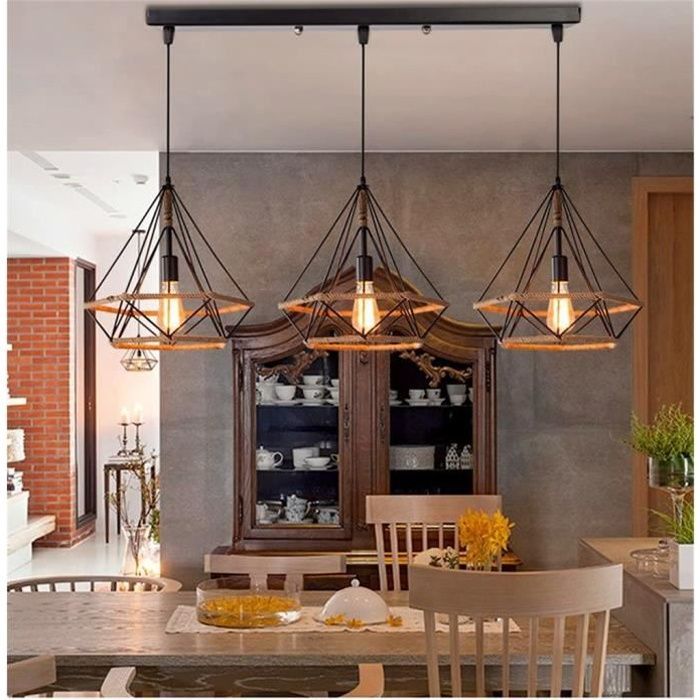 Kawoo Retro Industriële Hanglamp 25 cm Diamantvormig Verstelbare Hanglamp van Henneptouw voor Eetkamer, Bar
