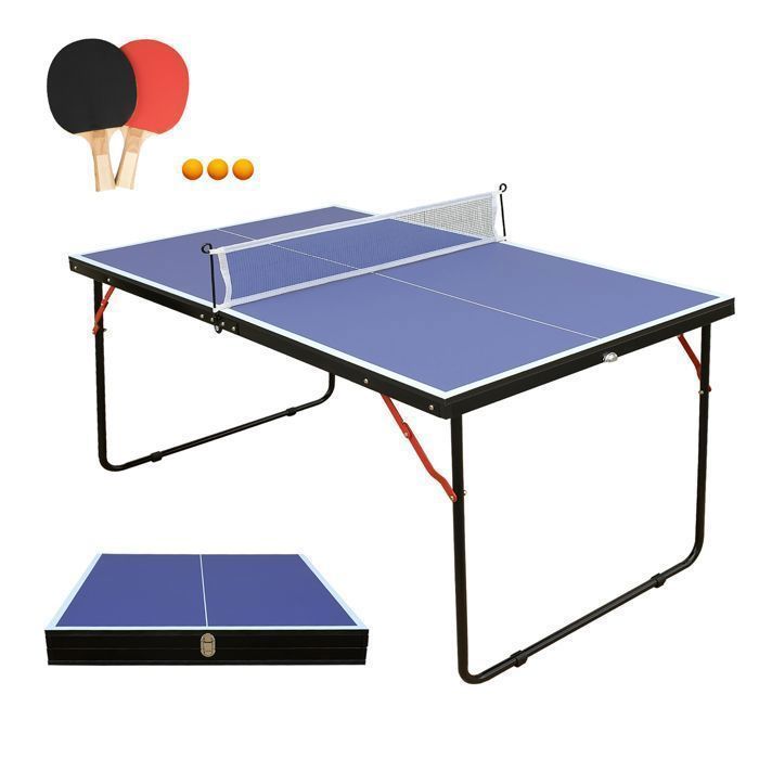 Table de tennis de table avec filet et jeu de raquettes, pliable pour une utilisation,surface bleue,2 raquettes et des balles