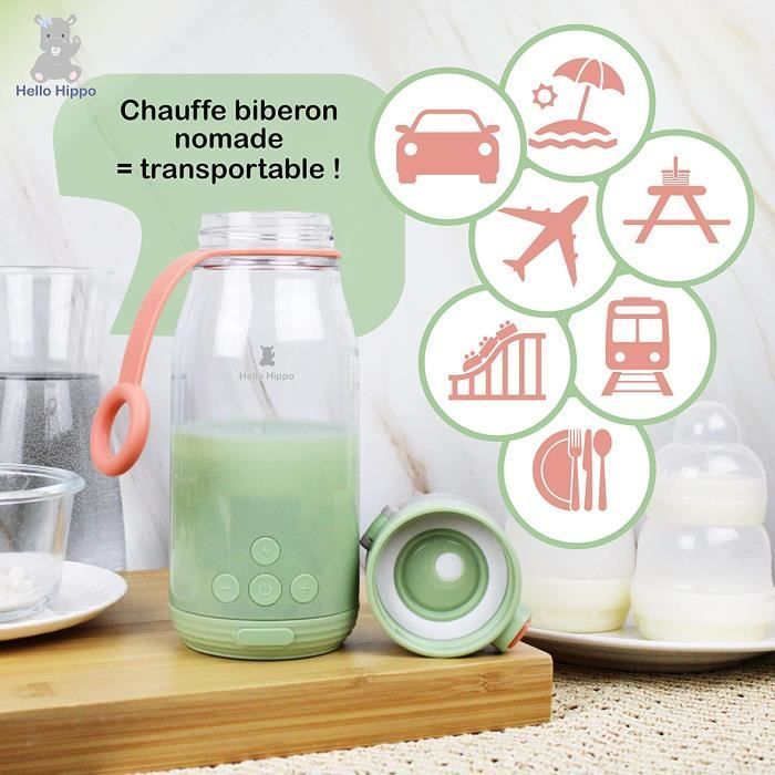 HELLO HIPPO® Chauffe biberon portable avec batterie USB -Chauffe biberon nomade et portatif Lait et Eau -Capacité de 300 ml -