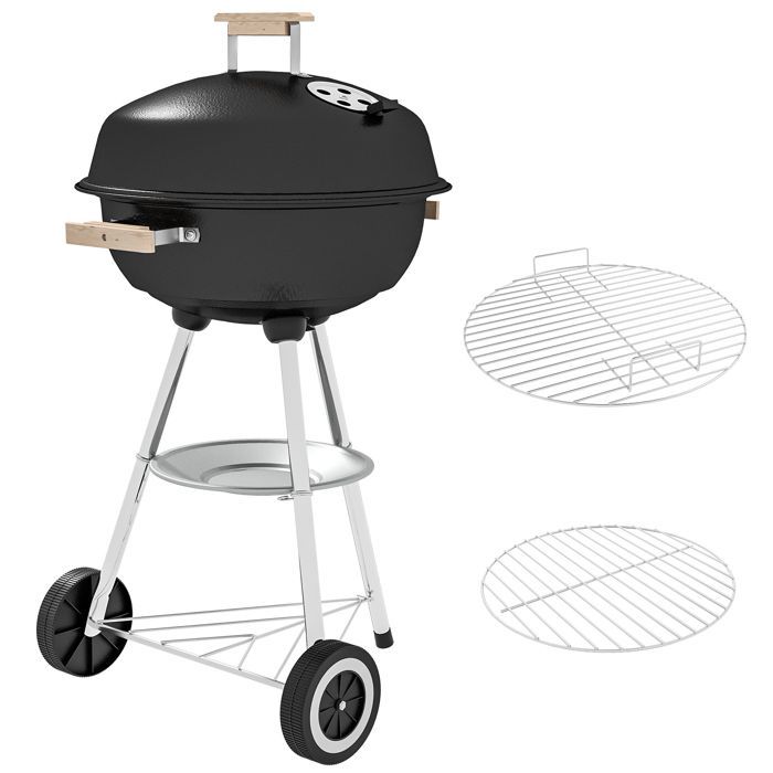 Barbacoa de carbón Outsunny redonda con tapa, ruedas y control de temperatura - 48 x 56 x 94 cm - negra
