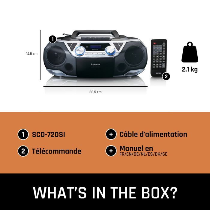 Lenco SCD-720SI - Radio portable DAB+/FM avec Bluetooth®, lecteur CD, cassettes et USB - Argent