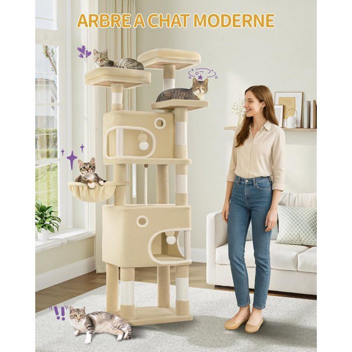 Árbol rascador para gatos, 180 cm de altura, con 8 postes rascadores, 3 plataformas, 2 cuevas, cesta, pompones, apto para gatos de todos los tamaños, color beige.