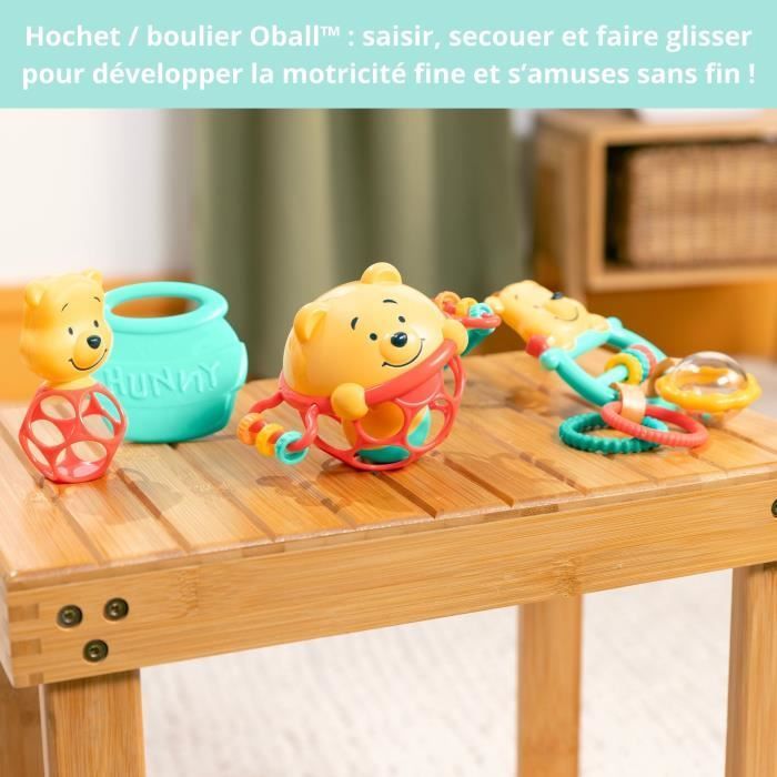 DISNEY BABY - WINNIE - Set regalo per neonati, 5 giocattoli tra cui 1 giocattolo per la dentizione di Winnie the Pooh e O-Ball, sonaglio e accessorio per passeggino.