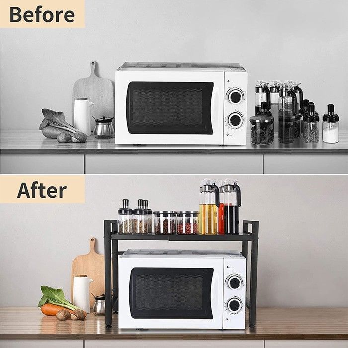 XUANYU Extendable Microwave Oven Shelf Bracket, New Space-Saving Kitchen Storage Solution, Black