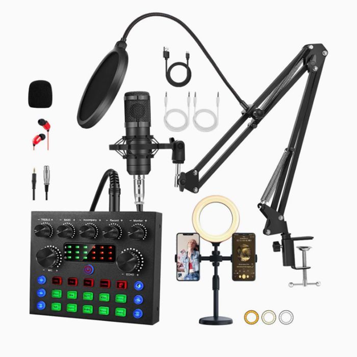 Kit microphone externe professionnel avec carte son live, 7 modes, effets vocaux, monitoring casque, streaming et karaoké, noir