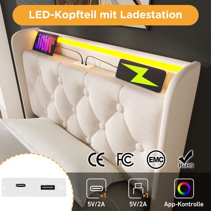 Cama LINKHOO, función LED envolvente de 360°, 90 x 200 cm, cabecero acolchado con función de carga USB tipo C (colchón no incluido).
