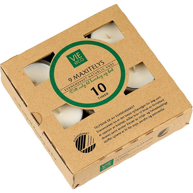 Vie Eco Maxi theelichtjes, 9 stuks, 10 uur brandtijd, Nordic Ecolabel Vie Eco