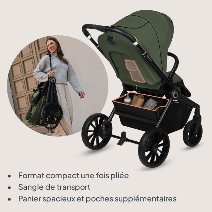 LIONELO Mika Plus 2-in-1 Travel System - Birth up to 22kg - Duo Stroller Pack, Carrycot and Accessories - Green