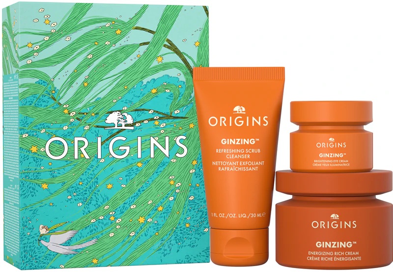„Origins GinZing™“ švytinčių esminių priemonių dovanų rinkinys sausai odai
