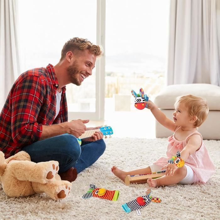 Sonaglio per neonati, sonaglio da polso e calzino, giocattolo Montessori per lo sviluppo del bambino - Design con simpatici animali, regalo ideale - da 0 a 12 mesi