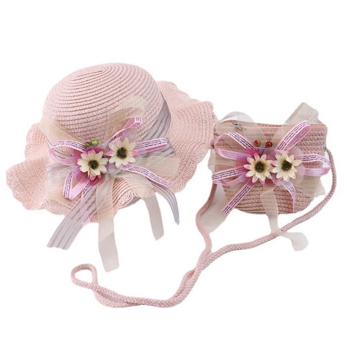 Conjunto de sombrero para niña FUNMOON, conjunto de dos piezas, bolso de hombro de paja con estampado floral en forma de margarita - 340141