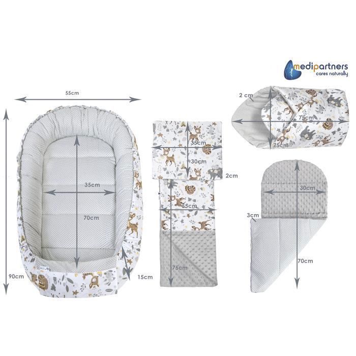 Medi Partners Cocoon de 5 piezas 100x60x15cm 100% algodón, reductor de cuna (Ciervo y Minky gris)