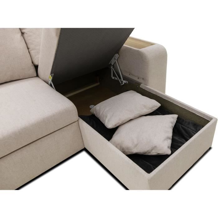 VALDO 3-4-zits omkeerbare hoekbank met slaapfunctie - Beige stof - Tablet met USB-poort - Opbergruimte + poef - B247xD143xH86 cm