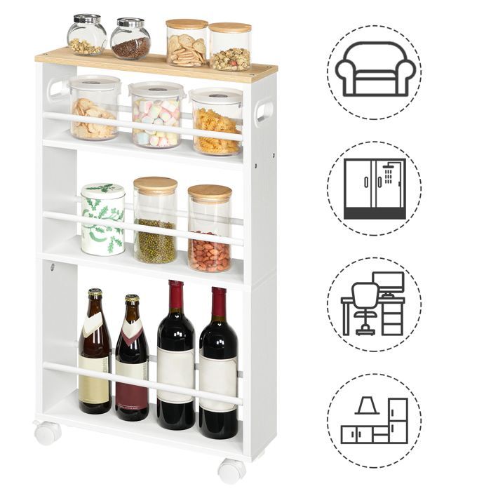 HOOBRO Serving Cart, 4-Tier Cart, Wheels with Brakes, for Kitchen, Bathroom, Living Room, White and Wood Color