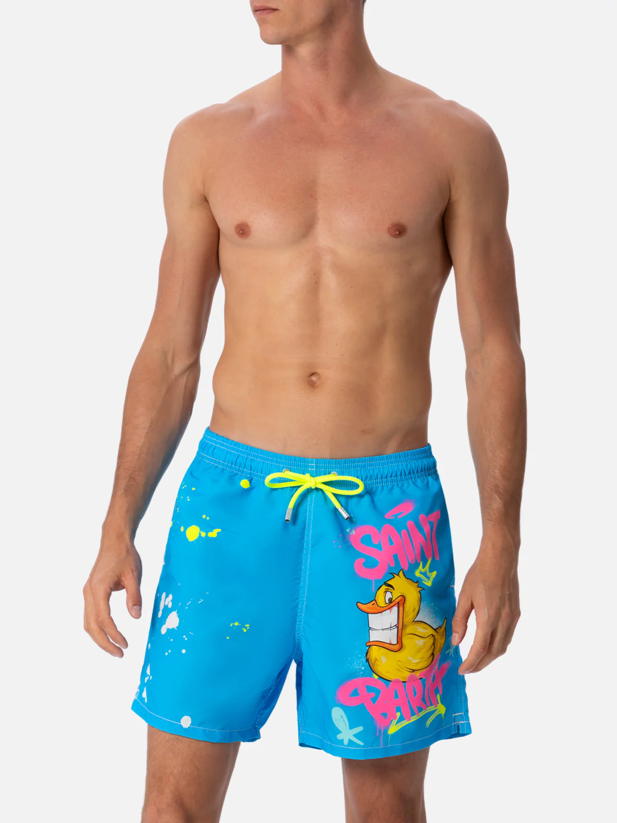 Gustavia mid-length zwembroek met Ducky Cryptopuppets Special Edition print | Stof met perzikkleurige touch, turquoise achterkant | Elastisch en verstelbaar
