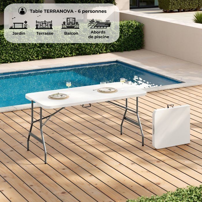 Tavolo da ricevimento pieghevole - TERRANOVA - Bianco - Struttura in acciaio e piano in polietilene HDPE - 6 persone - 152x70xH73,5 cm