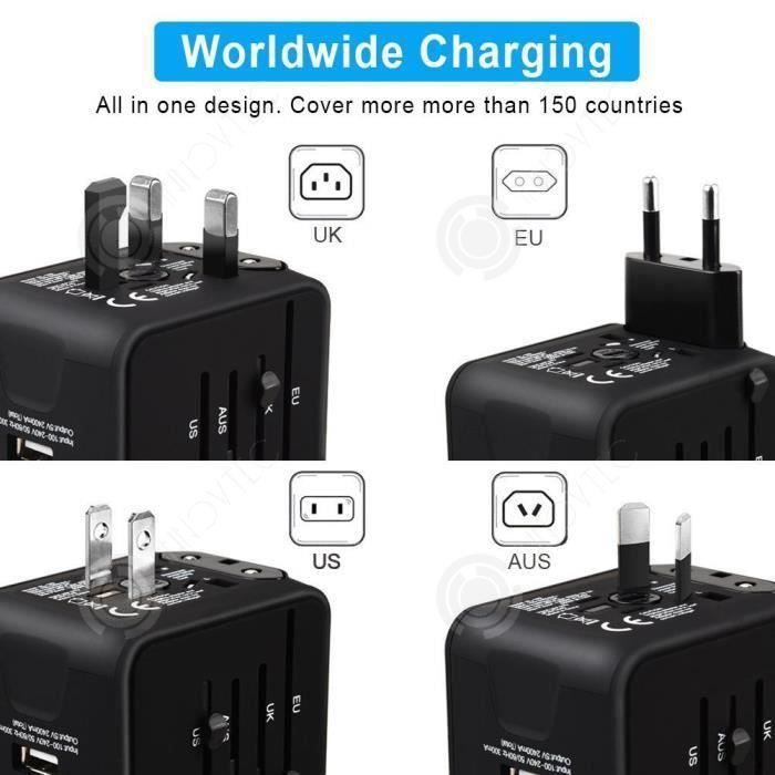 INN® Universele reisadapter met meerdere stopcontacten, geschikt voor de VS, het VK, Australië en 150 andere landen, inclusief internationale stekker, USB-veiligheidszekering en 5V 2,4A multi-pod oplader.