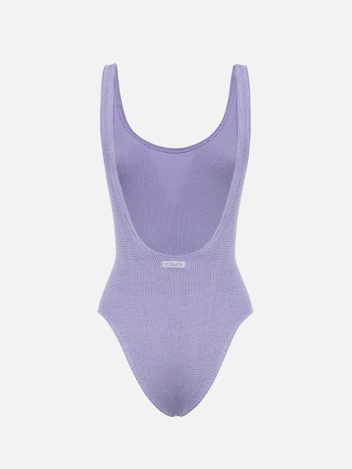 Damesbadpak uit één stuk in lila lurex met kreukeleffect, model Lora.