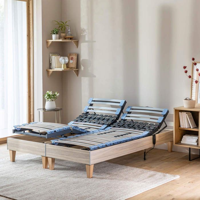 Ensemble matelas relaxation 100% latex, sommier et pieds Crépuscule 600 - SOMEO 2x80x200 - Bois naturel - Garantie 7 ans - Someo