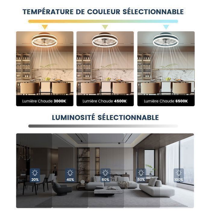Ventilateur Plafond Silencieux avec Lumière Dimmable 6 Vitesses Fan 40cm ®WHD© +Télécommande+APP-Contrôle Plafonnier LED+Mode Hiver