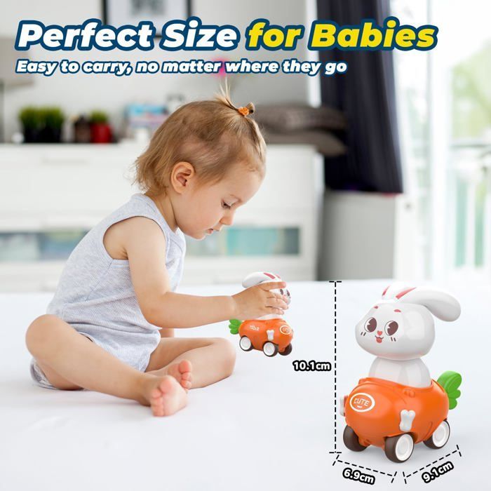 Rabbit Car Toy for Children Ages 1, 2, and 3 - Set of 4 Push-Along Vehicles - Educational Gift for Girls and Boys