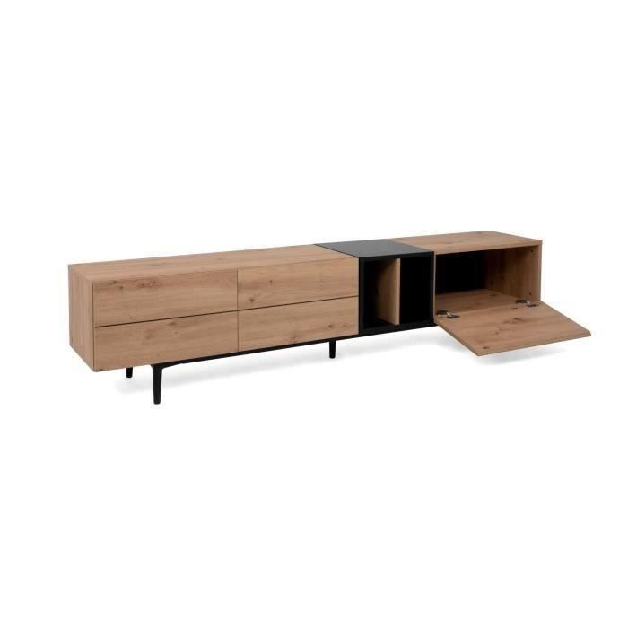 TV-meubel met 3 neerklapbare deuren - Eikenhout en zwarte afwerking - B 195 x D 37 x H 48 cm - NOLA