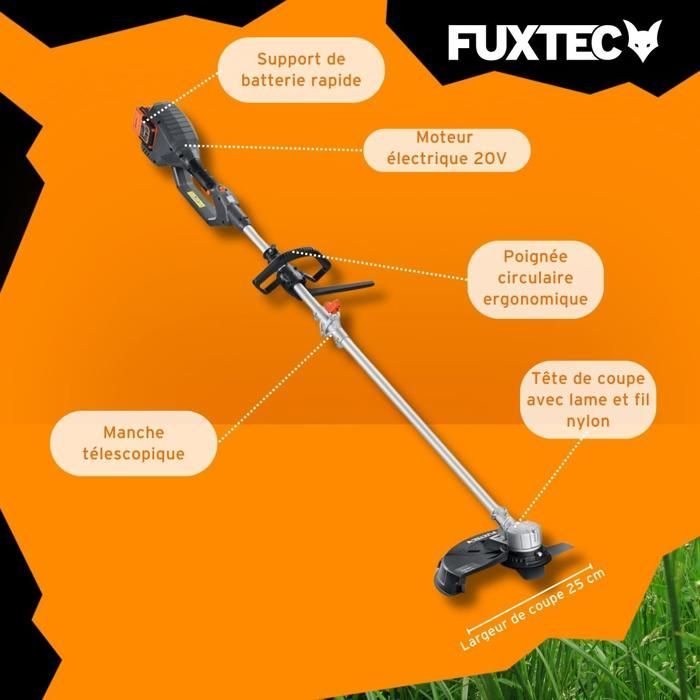 Desbrozadora inalámbrica FUXTEC FX-E2MS con 2 baterías de 20 V y 2 Ah, cargador doble de 2,4 A incluido, hilo y cuchilla, ancho de corte de 25,5 a 35 cm.