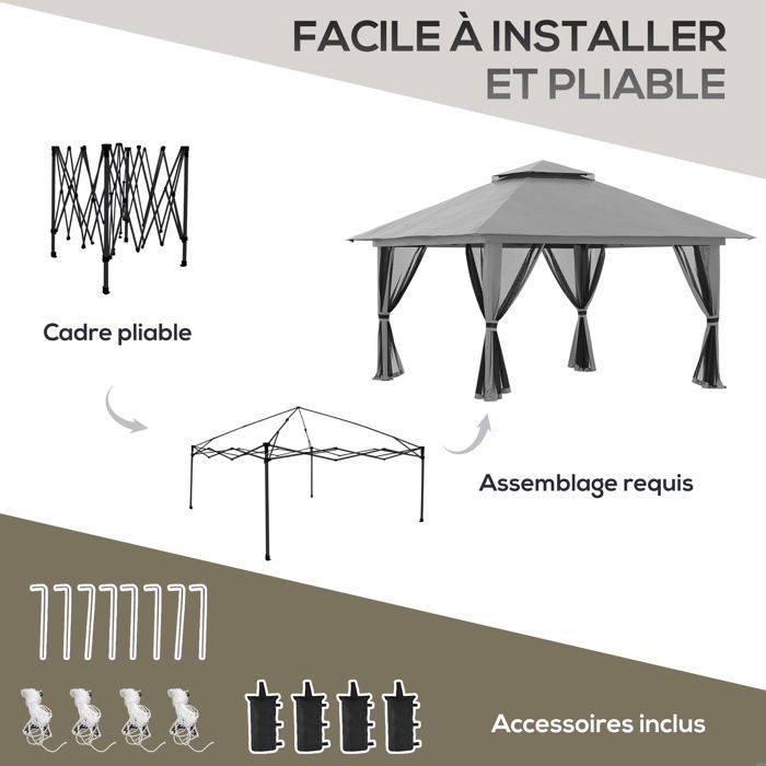 Outsunny - Tonnelle de jardin - Métal - 392x392x283cm - Gris foncé