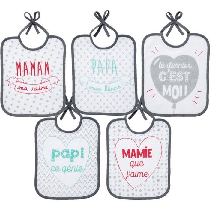 Set di 5 bavaglini per neonati BABYCALIN con messaggio per la famiglia - 20 x 25 cm