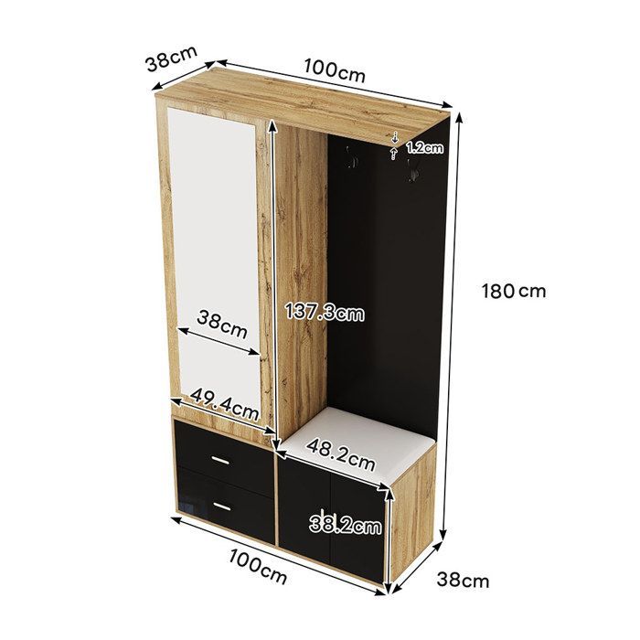 Vestiaire Meuble d'entrée Noir+Bois avec miroir armoire à chaussures, banc à chaussures avec crochets et cintres coulissants