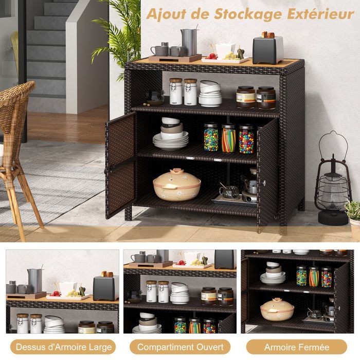 COSTWAY Coffre de Rangement en Rotin avec Plateau en Acacia, 2 Portes, Armoire de Jardin en Osier pour Piscine Terrasse Patio, Brun