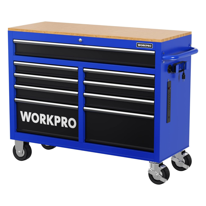 WORKPRO 117 cm brede gereedschapskist op wielen met 9 laden, verrijdbaar met houten blad, voorzien van wielen, handgreep, ladebekleding en vergrendelingssysteem, draagvermogen van 544 kg