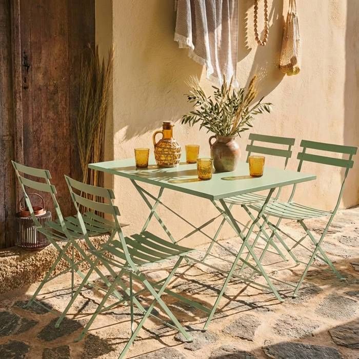 Conjunto de muebles de jardín plegables tipo bistró - Emilia rectangular, gris verdoso - Mesa de 110x70cm con cuatro sillas plegables. Acero con recubrimiento en polvo.