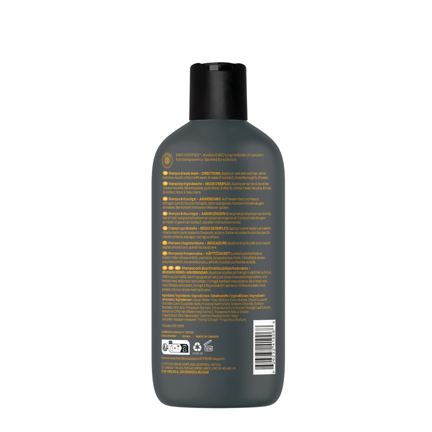„Attitude“ plaukų šampūnas „Super Leaves Science“ šampūnas ir dušo želė 2 viename – vyrams – 473 ml