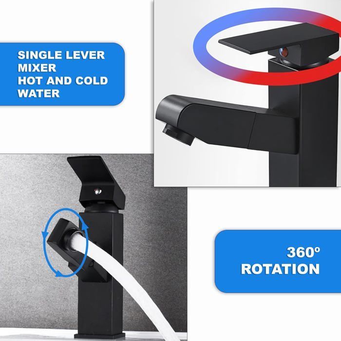 Grifo mezclador para lavabo - Negro - Cabezal rociador extraíble - Instalación de un solo orificio - Aleación de zinc