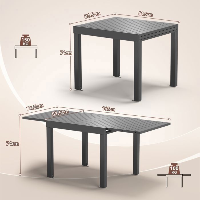 Table de Jardin Extensible en Aluminium | 200kg Fermé / 150kg Ouvert | 4-8 Personnes, Stable & Résistante, Gris