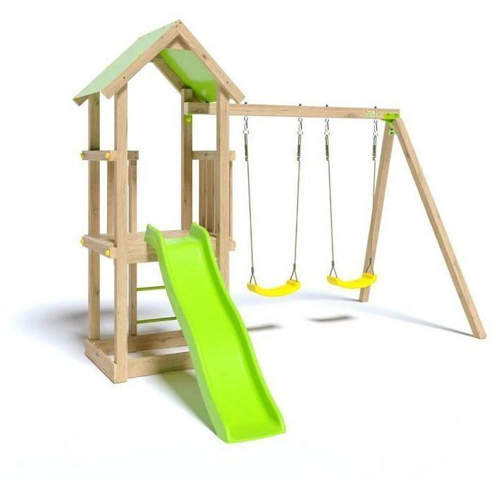 TRIGANO Aire de jeux en bois EASY XPERIENCE - 2 balancoires 1 toboggan - 6 enfants