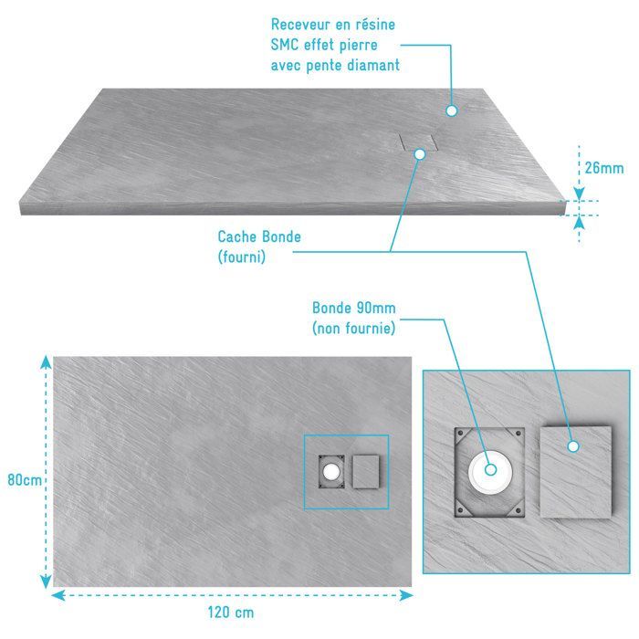 Plato de ducha de resina con efecto piedra - AURLANE - Piedra - Gris - 80 x 120 cm - Pendiente de diamante - 40 mm de espesor