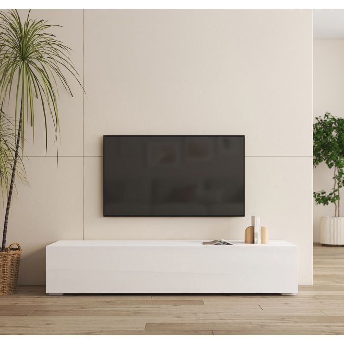 TV-Ständer mit Füßen fürs Wohnzimmer | 1 Tür mit 3 Fächern | Weiß | B 160 x T 40 x H 32 cm | Modell Nora H2